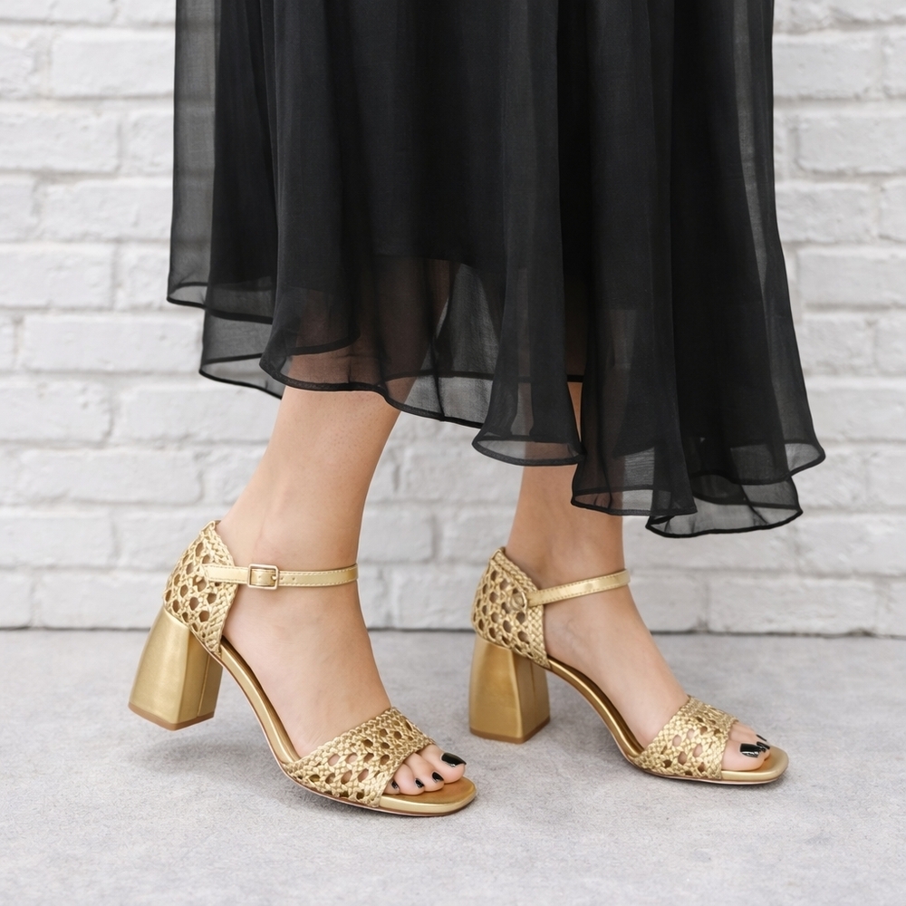 Antonio Melani Heeled Sandals 10 Golden Woven Leather Gretel Metallic New $140